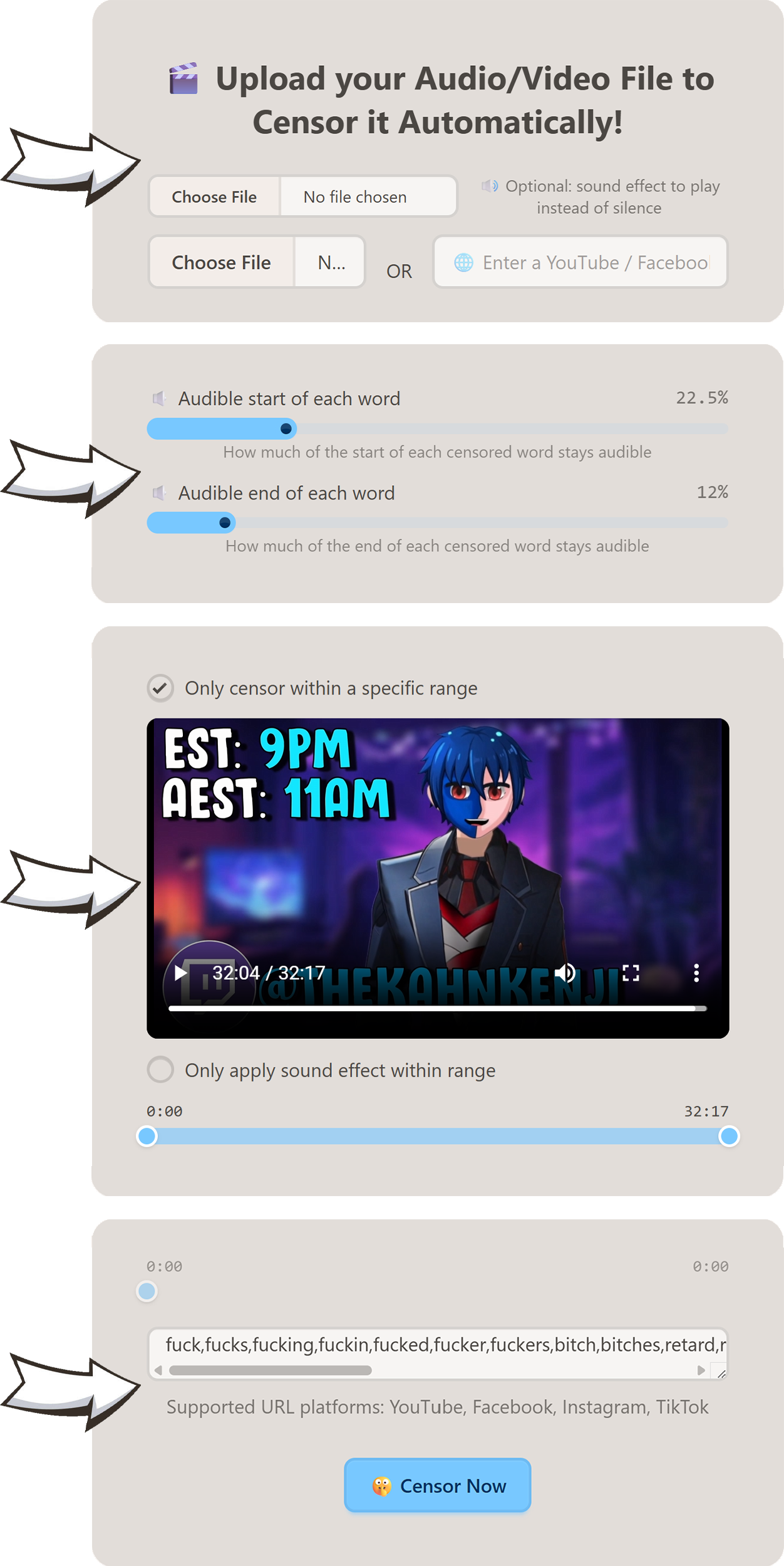 CensorUp-Local interface segments: imports, keep-fraction sliders, censor range, and chosen words